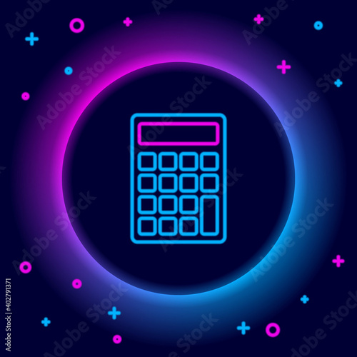 Glowing neon line Calculator icon isolated on black background. Accounting symbol. Business calculations mathematics education and finance. Colorful outline concept. Vector.