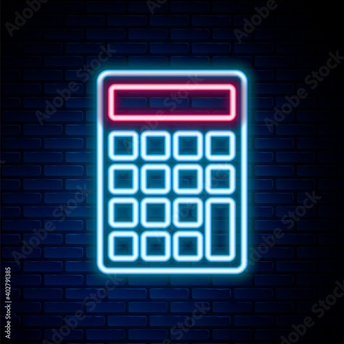 Glowing neon line Calculator icon isolated on brick wall background. Accounting symbol. Business calculations mathematics education and finance. Colorful outline concept. Vector.