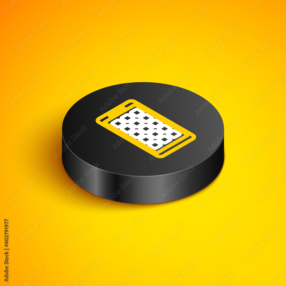 Isometric line Mobile Apps icon isolated on yellow background. Smartphone with screen icons, applications. mobile phone showing screen. Black circle button. Vector.