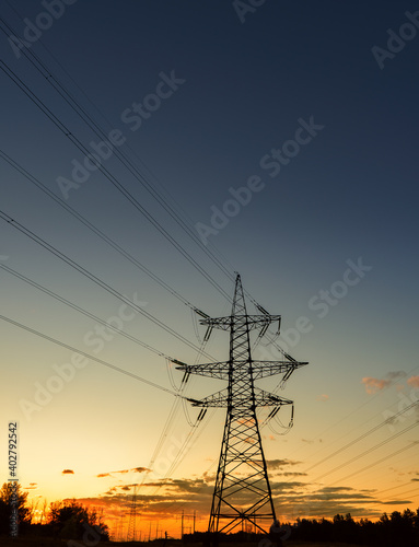High voltage power tower beautiful scenery at dusk