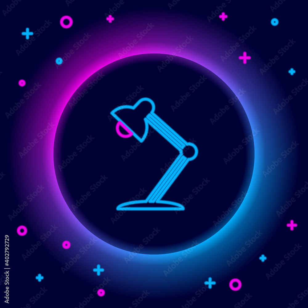 Glowing neon line Table lamp icon isolated on black background. Table office lamp. Colorful outline concept. Vector. Glowing neon line Table lamp icon isolated on black background. Table office lamp. Colorful outline concept. Vector.