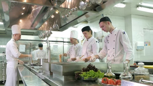 Cooks prepare meals on an electric stove in a professional kitchen in a restaurant or hotel