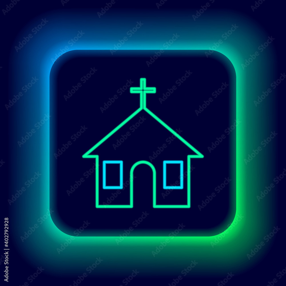 Glowing neon line Church building icon isolated on black background. Christian Church. Religion of church. Colorful outline concept. Vector.