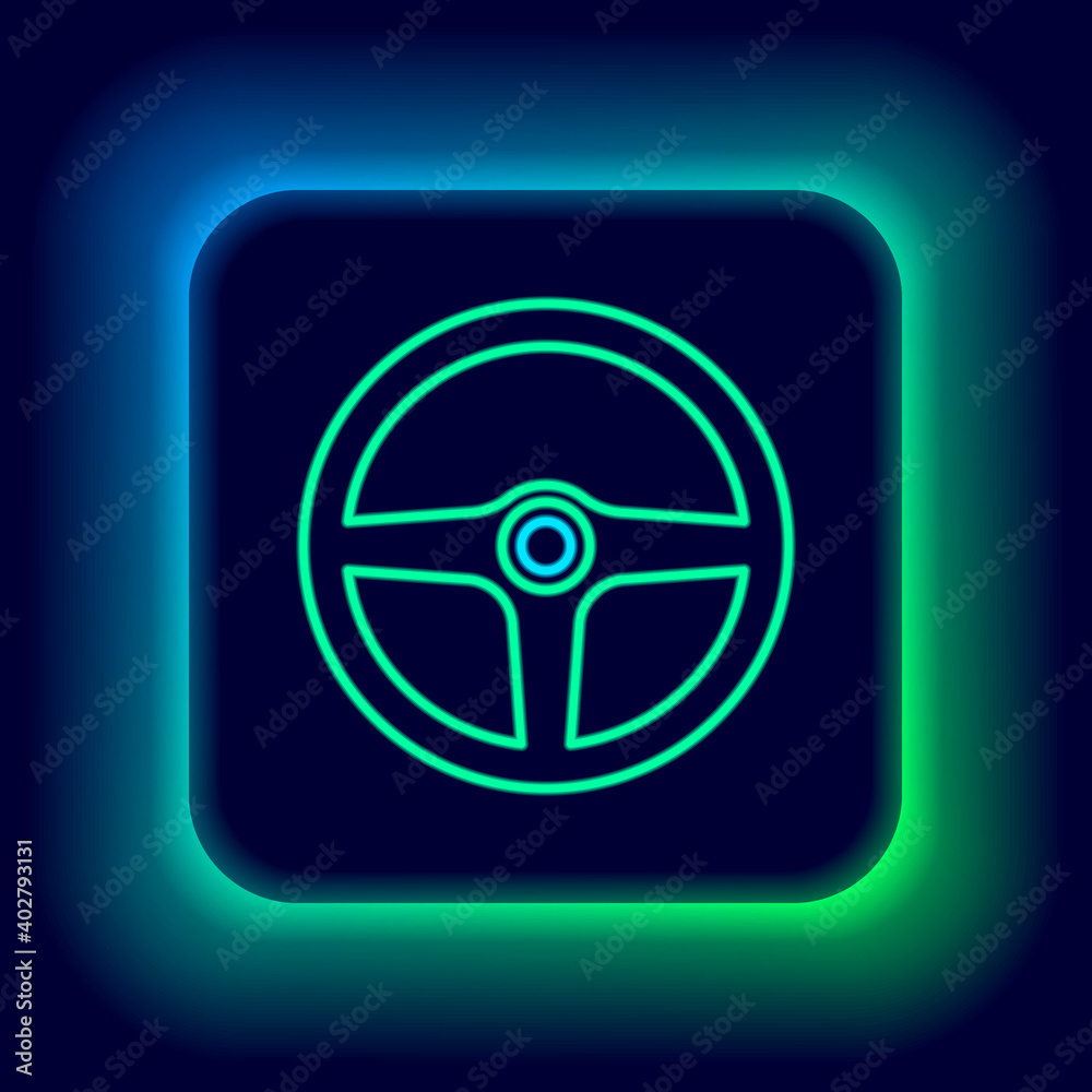 Glowing neon line Steering wheel icon isolated on black background. Car wheel icon. Colorful outline concept. Vector. Glowing neon line Steering wheel icon isolated on black background. Car wheel icon. Colorful outline concept. Vector.