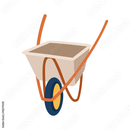 Empty wheelbarrow isolated in white background. Garden equipment. Vector illustration in flat style.