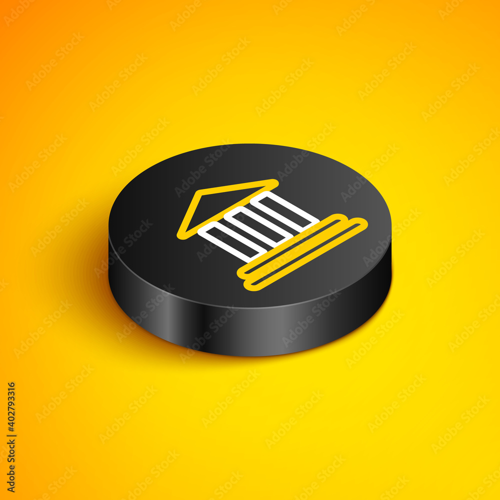Isometric line Bank building icon isolated on yellow background. Black circle button. Vector. Isometric line Bank building icon isolated on yellow background. Black circle button. Vector.