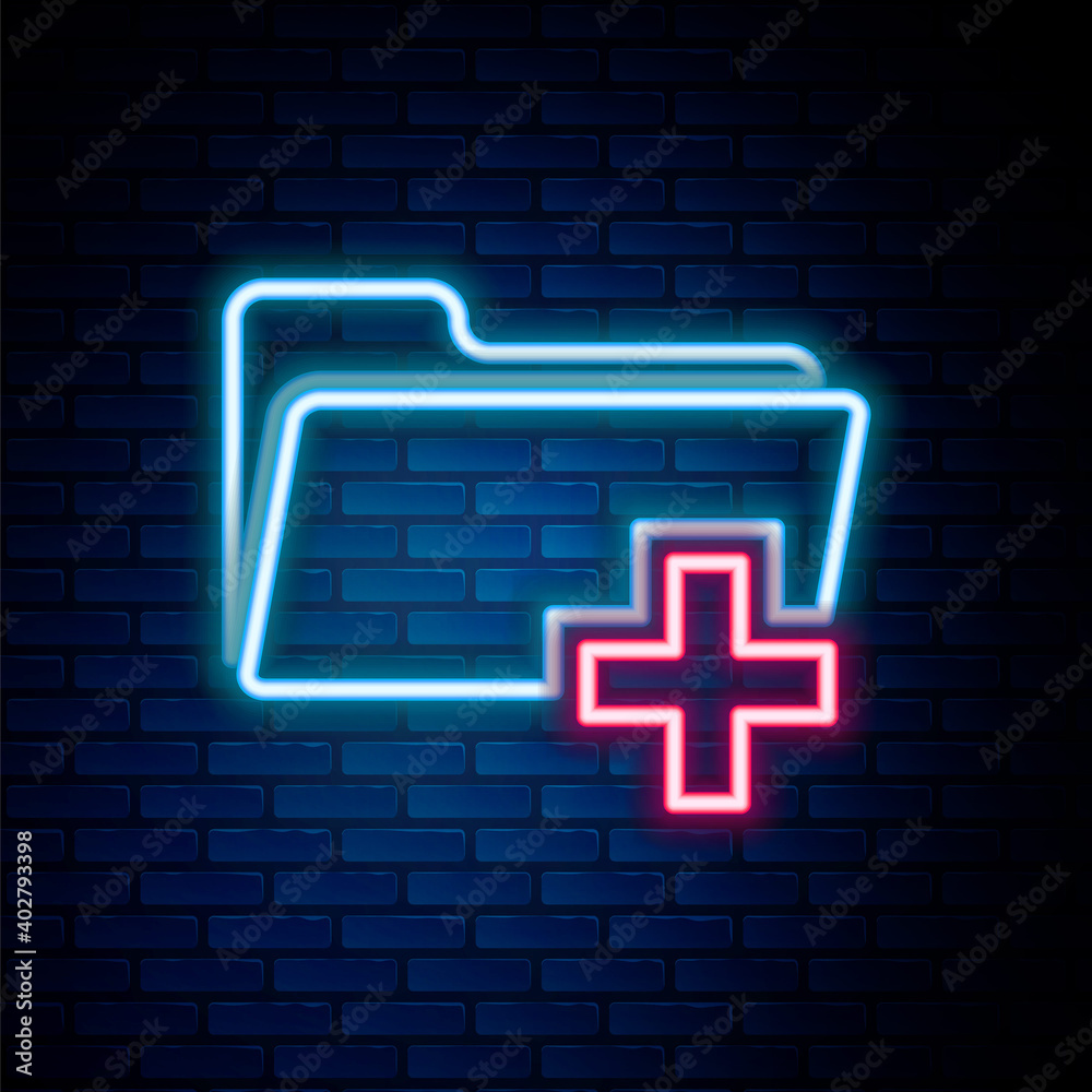 Obraz premium Glowing neon line Add new folder icon isolated on brick wall background. New folder file sign. Copy document. Add attach create folder make new plus. Colorful outline concept. Vector.