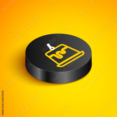 Isometric line Pudding custard with caramel glaze icon isolated on yellow background. Black circle button. Vector.