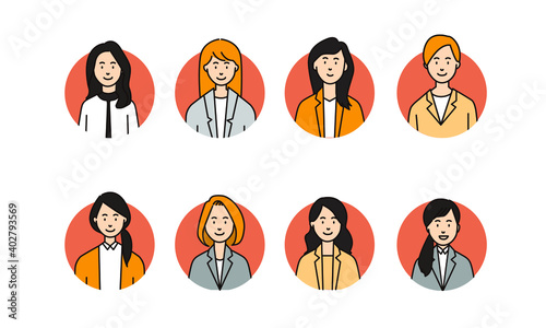 プロフィール用8人の女性ビジネスマンのサークルアイコン