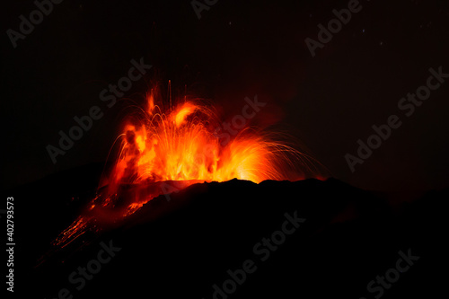 Lava of active volcano at night