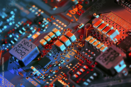 Electronic circuit board close up.