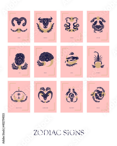 Set of Zodiac signs icons in boho style. Vector illustrations.