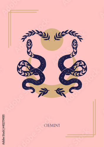 Zodiac sign Gemini in boho style on the pink background. Trendy vector illustration.