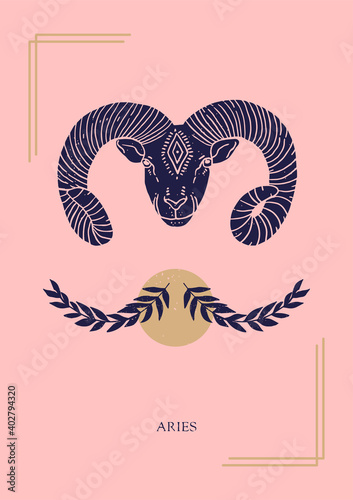 Zodiac sign Aries in boho style on the pink background. Trendy vector illustration.