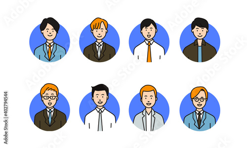 プロフィール用8人の男性ビジネスマンのサークルアイコン