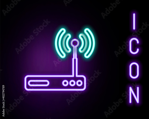 Glowing neon line Router and wi-fi signal symbol icon isolated on black background. Wireless ethernet modem router. Computer technology internet. Colorful outline concept. Vector.
