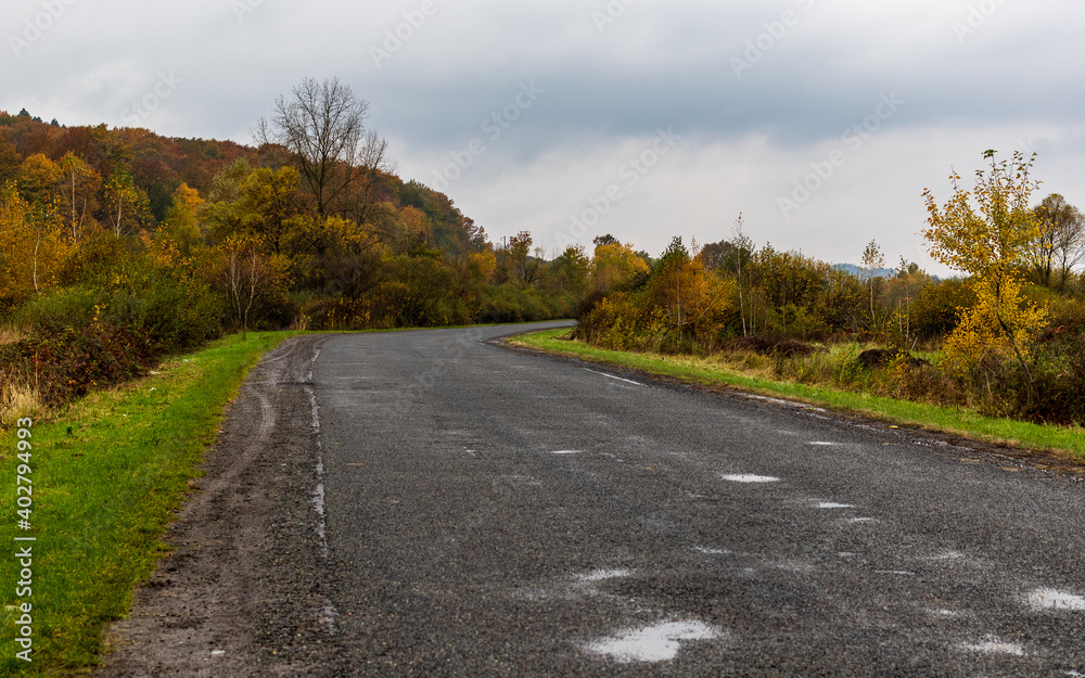 Wet winding road among wooded mountains after heavy rain. Autumn mountain landscape in the Ukrainian Carpathians - yellow and red trees combined with green needles.