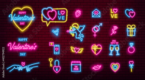 Valentines Day glowing neon icons pack. Vector EPS10
