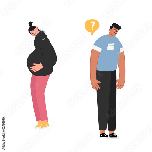 A pregnant teenager girl and a boyfriend are upset and do not know what to do. Abortion of minors. Teenage abortions and early pregnancy. Vector illustration of social problems of youth