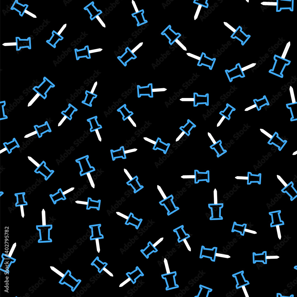 Line Push pin icon isolated seamless pattern on black background. Thumbtacks sign. Vector. Line Push pin icon isolated seamless pattern on black background. Thumbtacks sign. Vector.