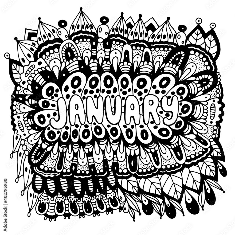 January - coloring page for adults. Mandala with months of the year