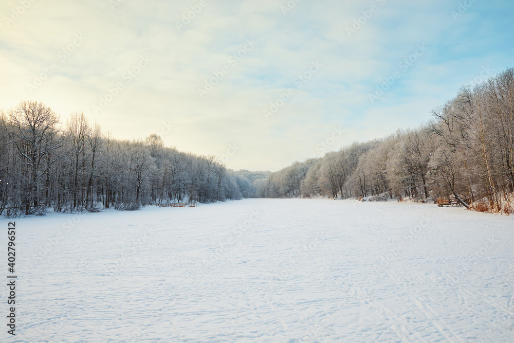 Snowy winter in Russia. Winter forest landscape with snow-covered trees and snowdrifts. Nizhny Novgorod Snowy winter in Russia. Winter forest landscape with snow-covered trees and snowdrifts. Nizhny Novgorod