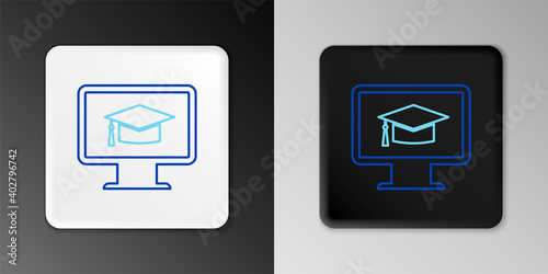 Line Computer monitor with graduation cap icon isolated on grey background. Online learning or e-learning concept. Internet knowledge. Colorful outline concept. Vector.