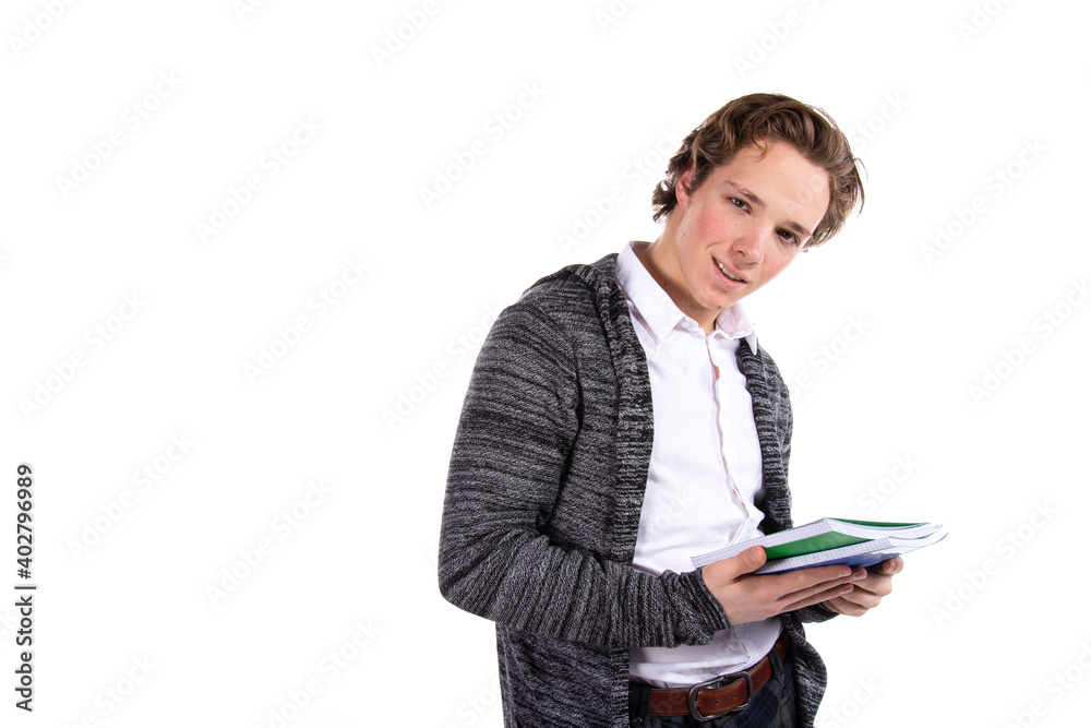 Student on a white background. Young attractive guy and books. Student on a white background. Young attractive guy and books.