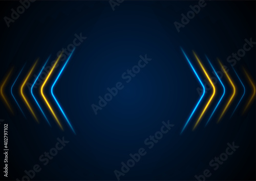 Bright blue yellow abstract neon arrows tech graphic design. Futuristic laser sci-fi vector background