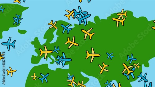 Wallpaper Mural Many airplanes flying randomly over a map, cartoon elements. Travel concept. Flight air traffic radar. 4K animation. Torontodigital.ca