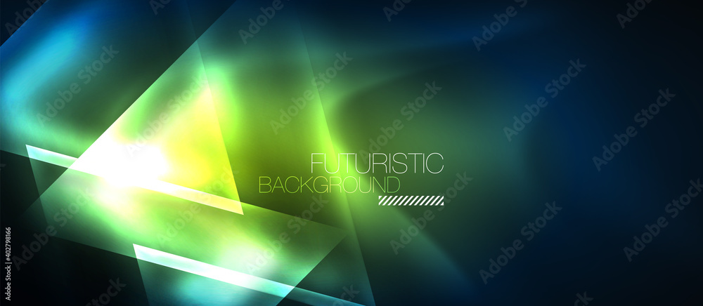 Naklejka premium Neon geometric abstract background. Triangles with color glowing light effects in the dark. Vector illustration for covers, banners, flyers and posters and other