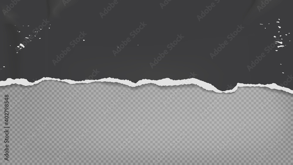 Obraz premium Piece of torn, ripped horizontal, distressed crumpled black paper with soft shadow is on grey transparent background for text. Vector illustration