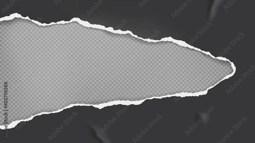 Piece of torn, ripped crumpled black paper with soft shadow is on grey transparent background for text. Vector illustration Piece of torn, ripped crumpled black paper with soft shadow is on grey transparent background for text. Vector illustration