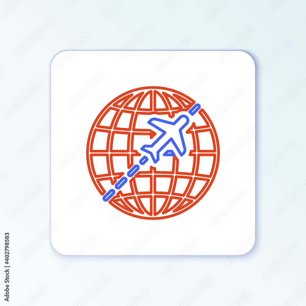 Line Globe with flying plane icon isolated on white background. Airplane fly around the planet earth. Aircraft world icon. Colorful outline concept. Vector. Line Globe with flying plane icon isolated on white background. Airplane fly around the planet earth. Aircraft world icon. Colorful outline concept. Vector.