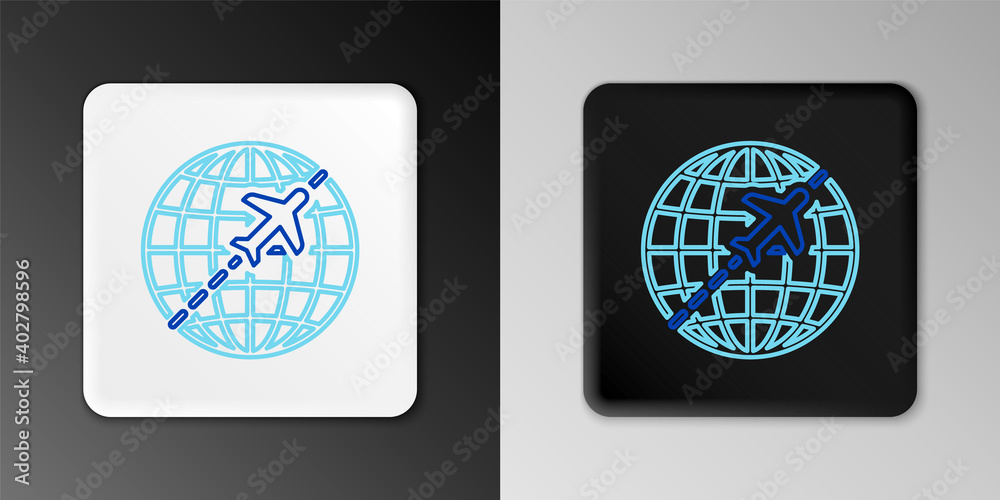 Line Globe with flying plane icon isolated on grey background. Airplane fly around the planet earth. Aircraft world icon. Colorful outline concept. Vector. Line Globe with flying plane icon isolated on grey background. Airplane fly around the planet earth. Aircraft world icon. Colorful outline concept. Vector.