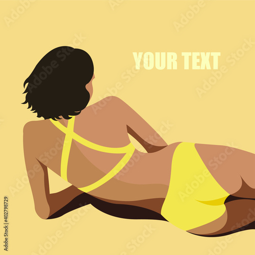 vector illustration on the theme of summer holidays. beautiful young tanned girl in a yellow swimsuit sunbathes on the beach. the picture can be used to decorate leaflets and flyers.
