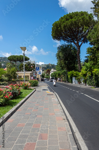 Sorrento, Italy - July 13 2019: Landscape of the coast viewed from the park at harbour