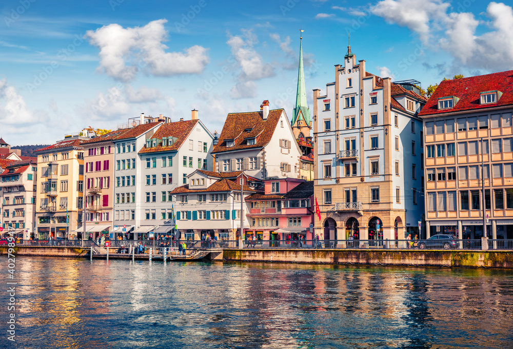 Sunny morning cityscape of Zurich. Picturesque autumn scene of Switzerland, Europe. Stunning landscape of Limmat River. Architectural background..