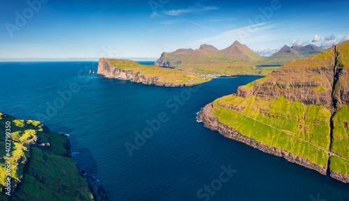 Aerial landscape photography. Picturesque summer view from flying drone of Eidiskollur cliffs. Incredible morning scene of Streymoy island, Atlantic ocean, Faroe Islands, Denmark, Europe.
