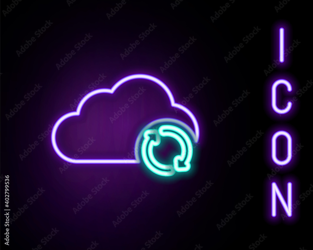 Glowing neon line Cloud sync refresh icon isolated on black background. Cloud and arrows. Colorful outline concept. Vector. Glowing neon line Cloud sync refresh icon isolated on black background. Cloud and arrows. Colorful outline concept. Vector.