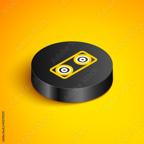 Isometric line Stereo speaker icon isolated on yellow background. Sound system speakers. Music icon. Musical column speaker bass equipment. Black circle button. Vector.