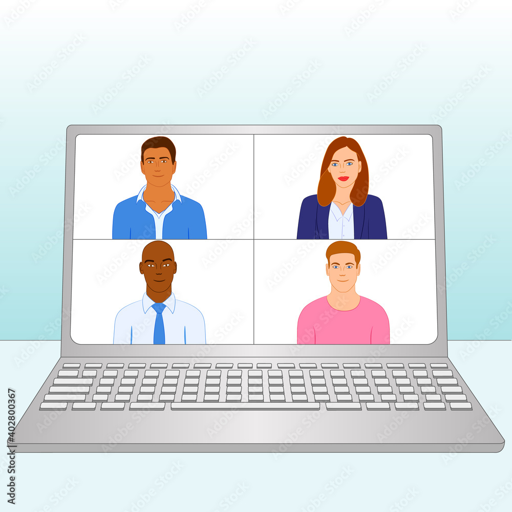 Stay at work from home during Coronavirus Covid-19 pandemic. Video conference illustration. Workplace, laptop screen, group of people talking by internet. Stream, web chatting, online meeting friends. Stay at work from home during Coronavirus Covid-19 pandemic. Video conference illustration. Workplace, laptop screen, group of people talking by internet. Stream, web chatting, online meeting friends.