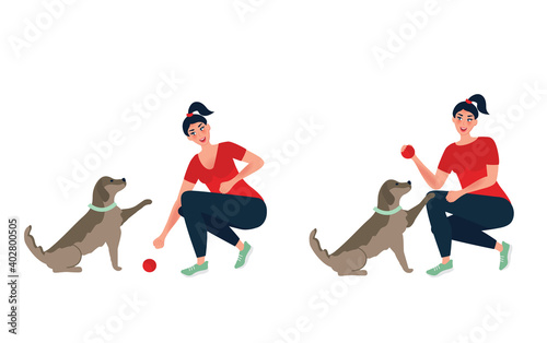 Girl playing ball with a dog. Training and caring for a puppy. The concept of the profession of a dog handler. Vector illustration