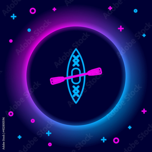 Glowing neon line Kayak and paddle icon isolated on black background. Kayak and canoe for fishing and tourism. Outdoor activities. Colorful outline concept. Vector.