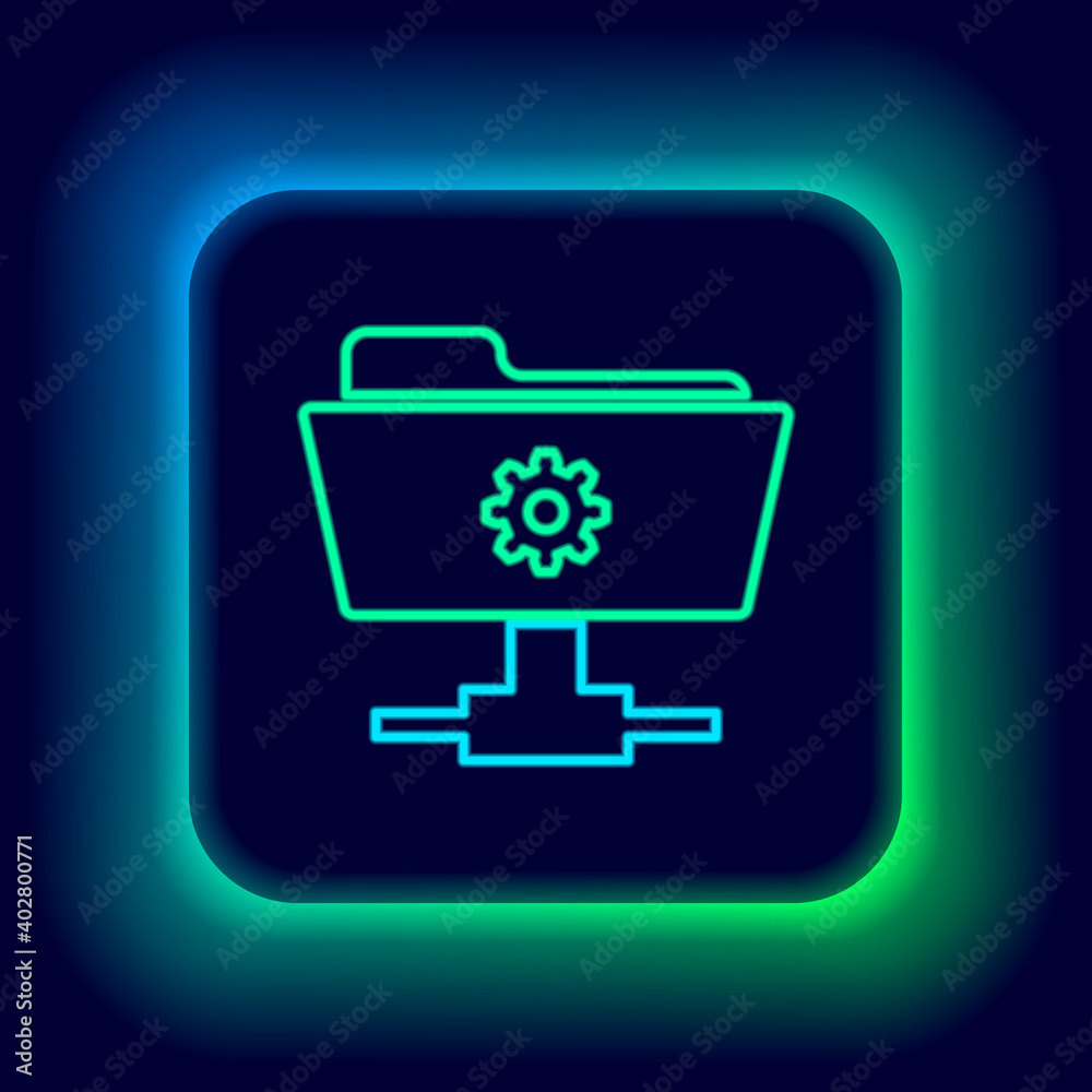 Glowing neon line FTP settings folder icon isolated on black background. Software update, transfer protocol, router, teamwork tool management, copy process. Colorful outline concept. Vector.