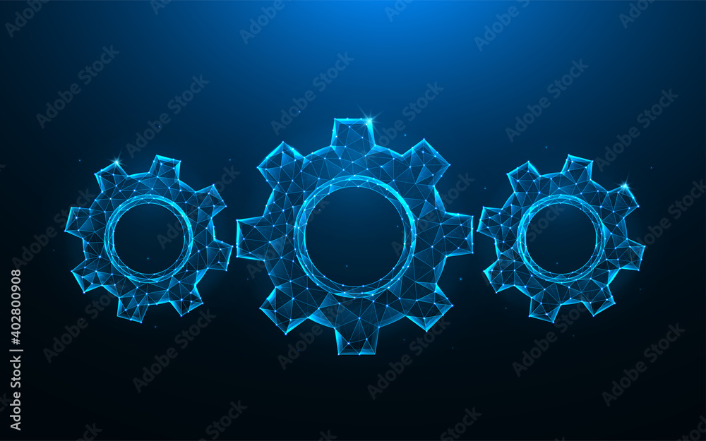 Gears or cogwheel low poly art. Mechanism polygonal vector illustrations on a blue background.
