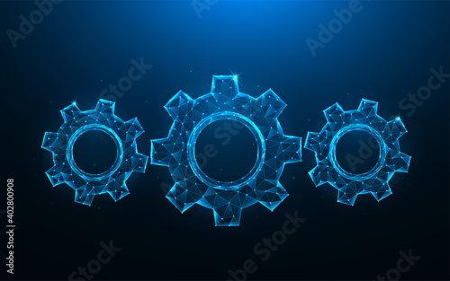 Gears or cogwheel low poly art. Mechanism polygonal vector illustrations on a blue background.