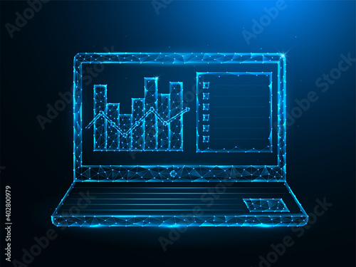 Laptop and analytical data low poly art. Notebook and data analytics graphic polygonal vector illustrations on a blue background.