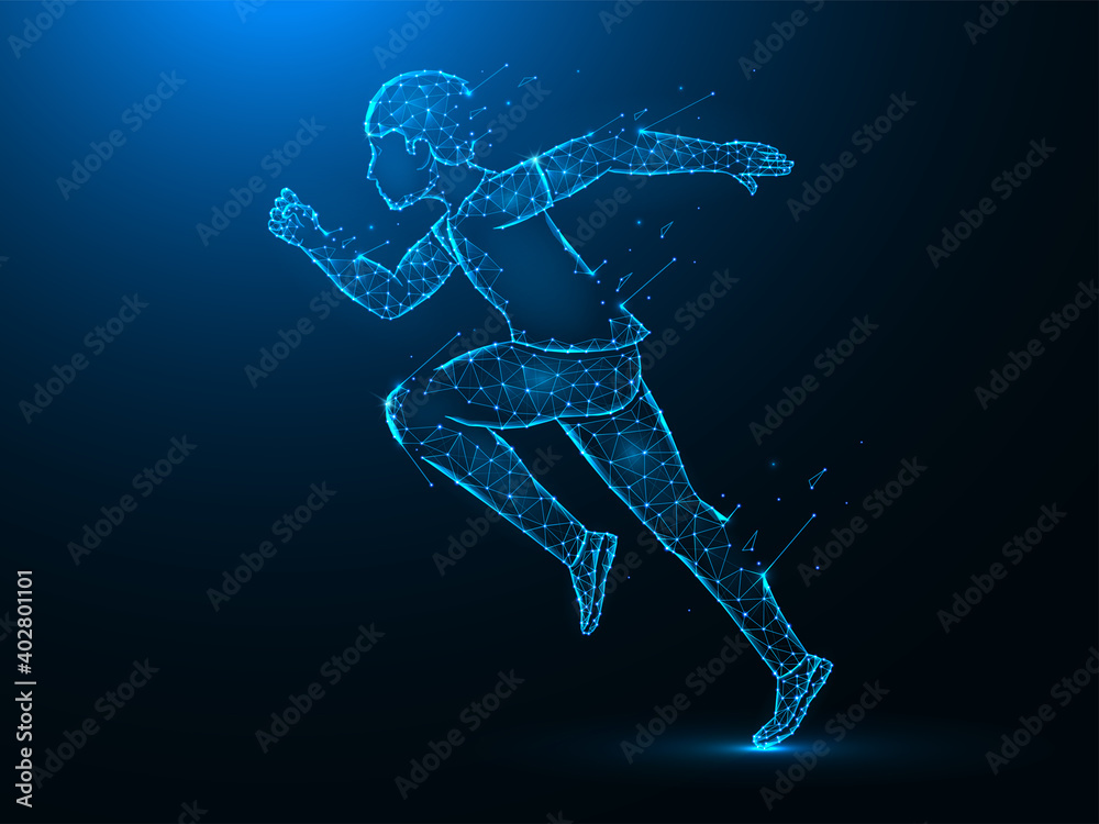 Running man with destruction effect low poly art. Exercise or marathon run polygonal vector illustrations on a blue background.