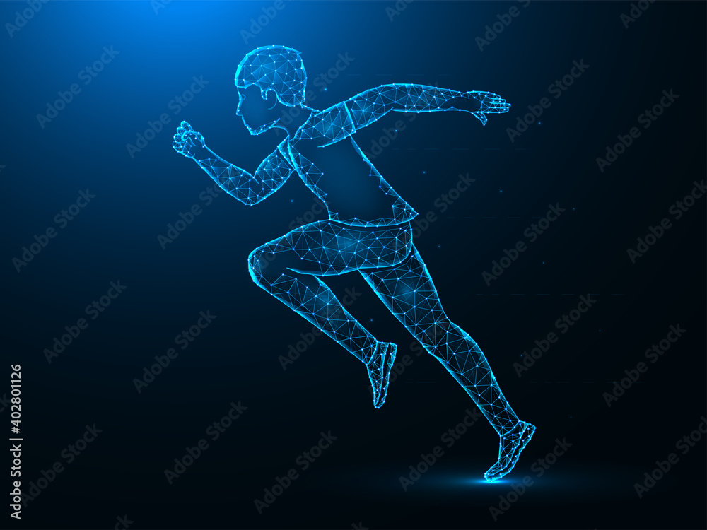 Running man low poly art. Exercise or marathon run polygonal vector illustrations on a blue background.